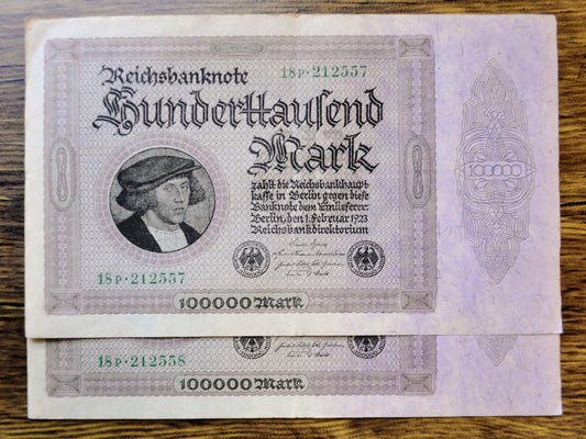 1923 Germany 100,000 Mark Notes - Consecutive Pair - Reichsbanknote - 6-Digit Serial - 1923 One Hundred Thousand Marks Notes - P#83a.1
