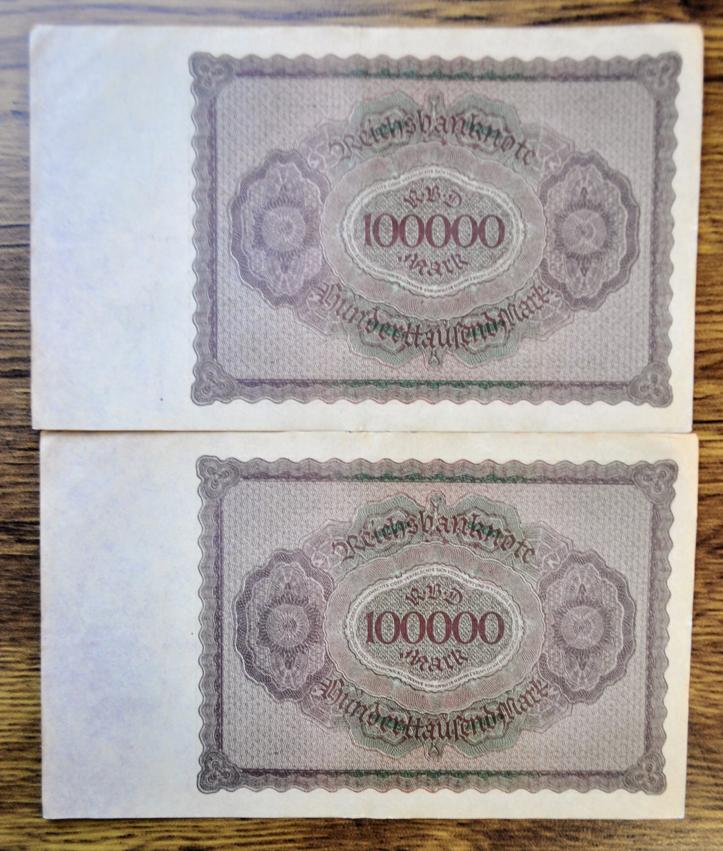 1923 Germany 100,000 Mark Notes - Consecutive Pair - Reichsbanknote - 6-Digit Serial - 1923 One Hundred Thousand Marks Notes - P#83a.1