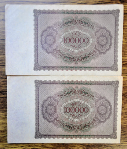 1923 Germany 100,000 Mark Notes - Consecutive Pair - Reichsbanknote - 6-Digit Serial - 1923 One Hundred Thousand Marks Notes - P#83a.1