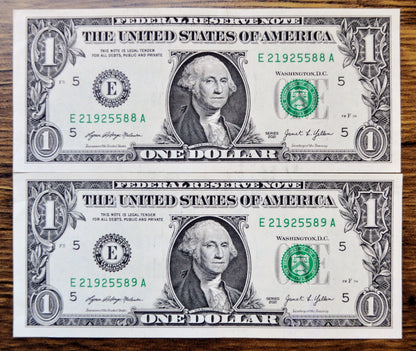 Consecutive Pair of 2021 1 Dollar Federal Reserve Notes - Richmond (E) Issue - Sequential Serial Numbers - 2021 One Dollar Notes - Fr.3007-E