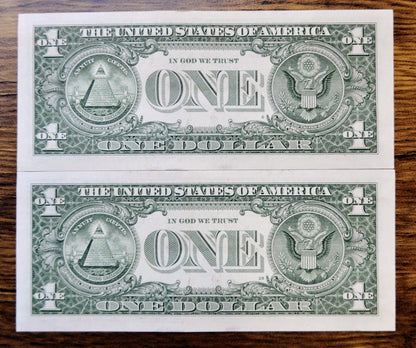 2021 1 Dollar Federal Reserve Notes - New York (B) Issue - Fancy Consecutive Serial Pair- 2021 One Dollar Sequential Serial Notes- Fr.3007-B