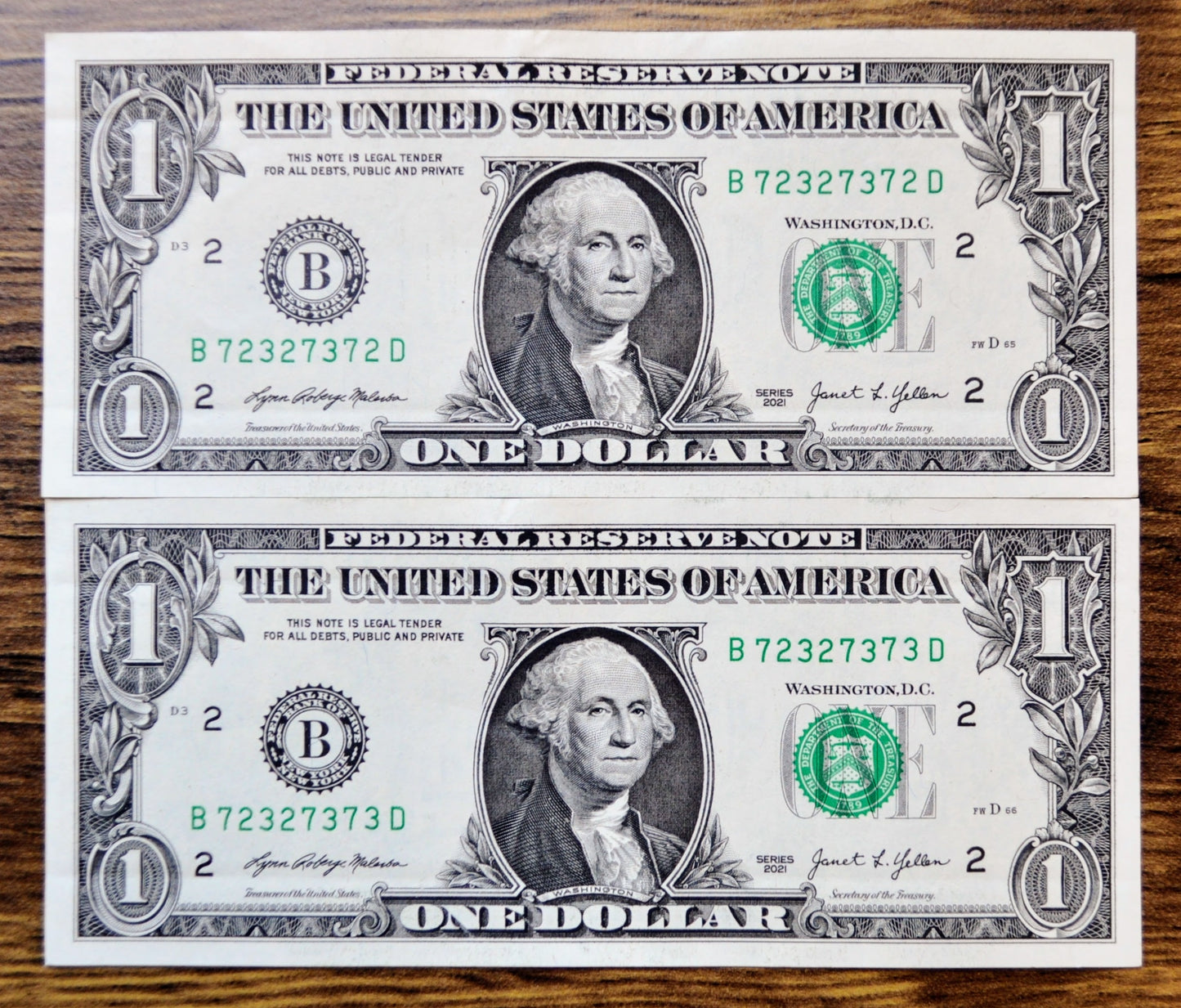 2021 1 Dollar Federal Reserve Notes - New York (B) Issue - Fancy Consecutive Serial Pair- 2021 One Dollar Sequential Serial Notes- Fr.3007-B