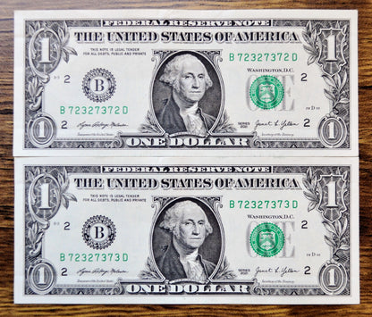 2021 1 Dollar Federal Reserve Notes - New York (B) Issue - Fancy Consecutive Serial Pair- 2021 One Dollar Sequential Serial Notes- Fr.3007-B