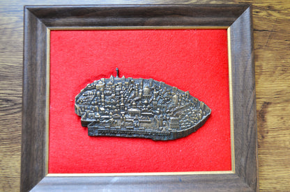 Antique 1968 Old City of Jerusalem Plaque - Pre-1948 Depiction - Ancient Jewish Quarter - Red Velvet Framed