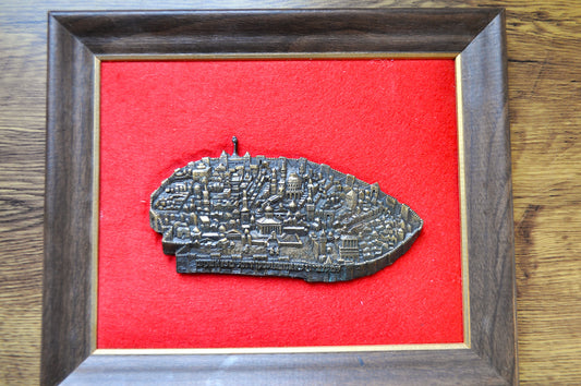 Antique 1968 Old City of Jerusalem Plaque - Pre-1948 Depiction - Ancient Jewish Quarter - Red Velvet Framed