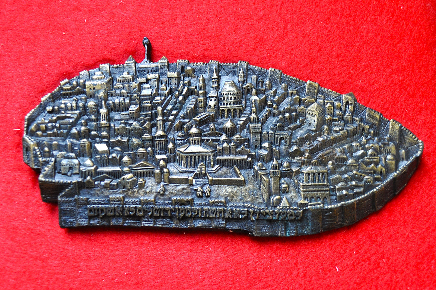 Antique 1968 Old City of Jerusalem Plaque - Pre-1948 Depiction - Ancient Jewish Quarter - Red Velvet Framed