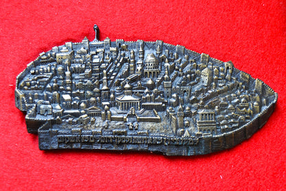 Antique 1968 Old City of Jerusalem Plaque - Pre-1948 Depiction - Ancient Jewish Quarter - Red Velvet Framed