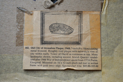 Antique 1968 Old City of Jerusalem Plaque - Pre-1948 Depiction - Ancient Jewish Quarter - Red Velvet Framed