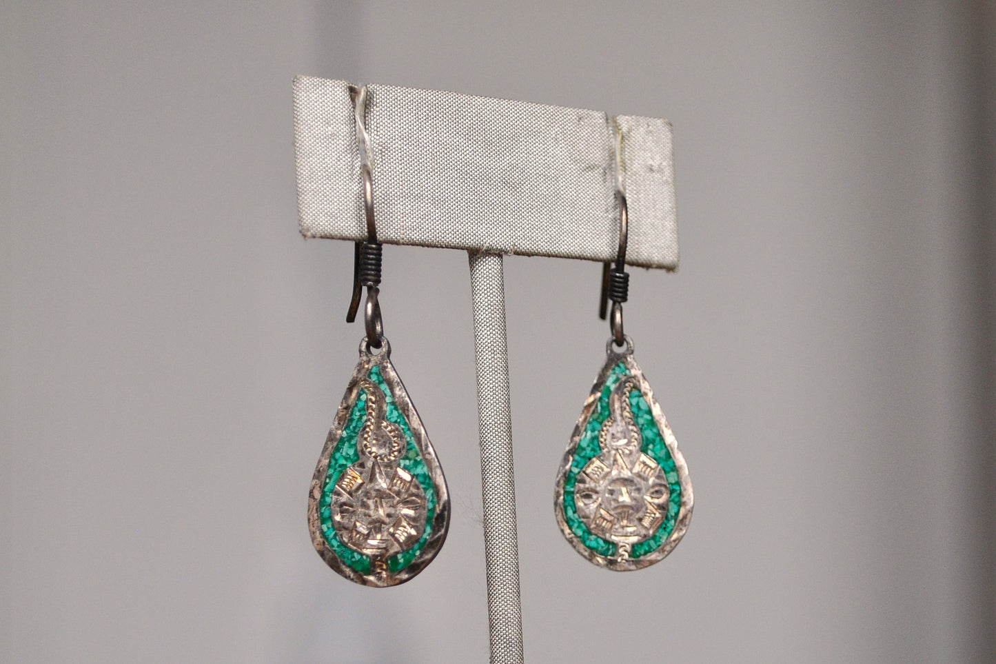 Antique Mexican Sterling Silver Malachite Mosaic Mayan Calendar Dangle Teardrop Earrings - Mayan Calendar Earrings - Sundial Earrings