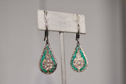 Antique Mexican Sterling Silver Malachite Mosaic Mayan Calendar Dangle Teardrop Earrings - Mayan Calendar Earrings - Sundial Earrings