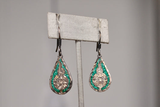 Antique Mexican Sterling Silver Malachite Mosaic Mayan Calendar Dangle Teardrop Earrings - Mayan Calendar Earrings - Sundial Earrings
