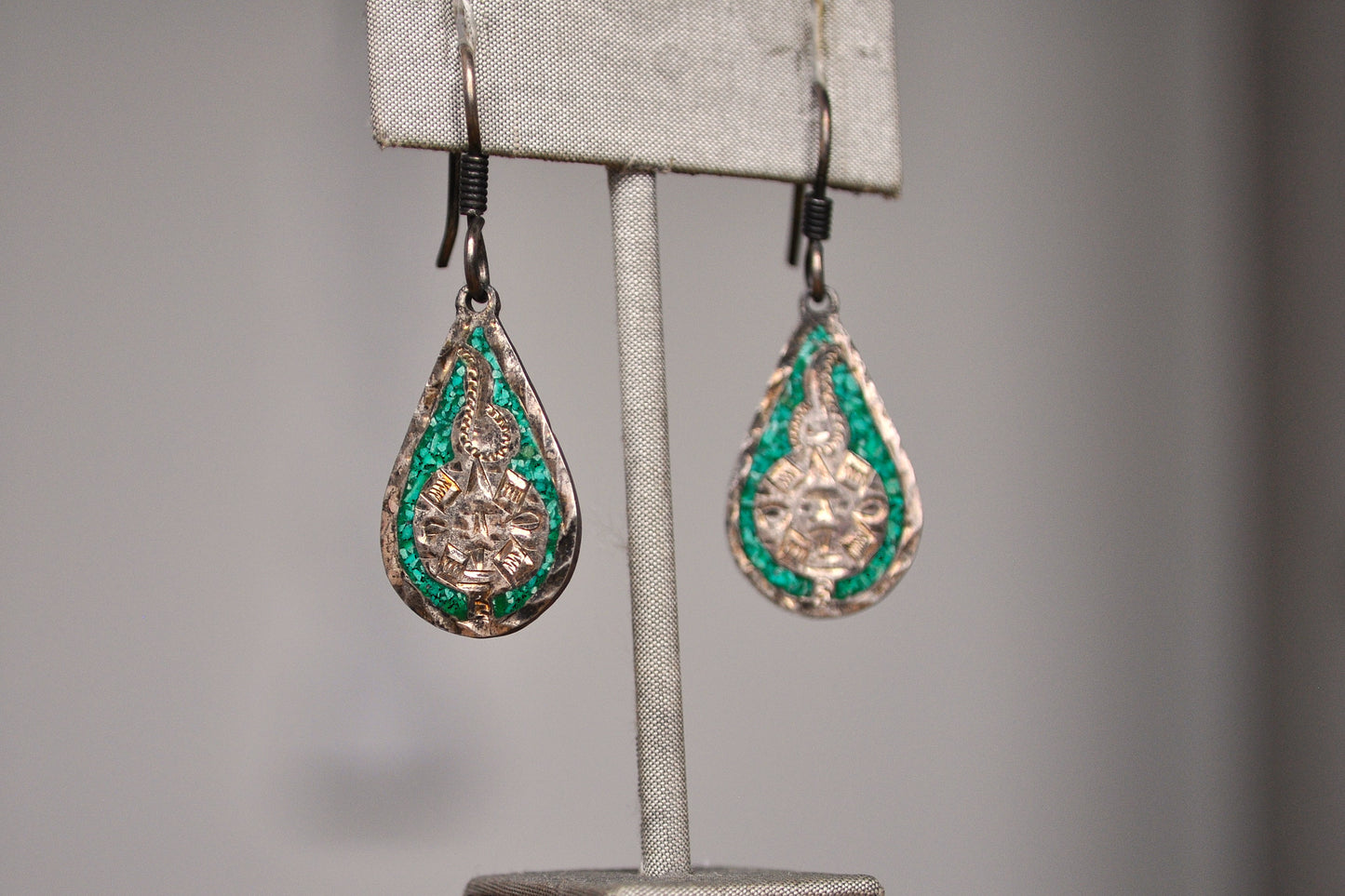 Antique Mexican Sterling Silver Malachite Mosaic Mayan Calendar Dangle Teardrop Earrings - Mayan Calendar Earrings - Sundial Earrings