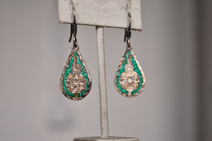 Antique Mexican Sterling Silver Malachite Mosaic Mayan Calendar Dangle Teardrop Earrings - Mayan Calendar Earrings - Sundial Earrings