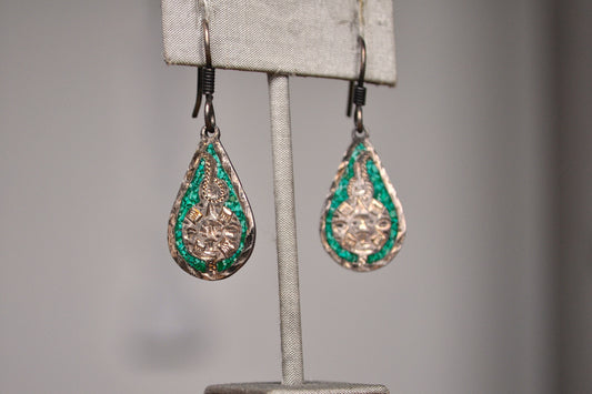 Antique Mexican Sterling Silver Malachite Mosaic Mayan Calendar Dangle Teardrop Earrings - Mayan Calendar Earrings - Sundial Earrings