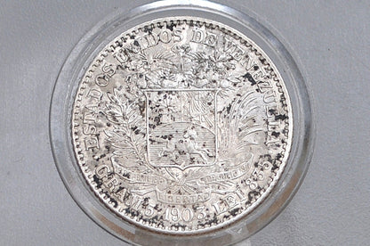 1903 Rare Silver Venezuela 5 Bolivares Coin - Choice AU Grade / Condition - Philadelphia Mint -