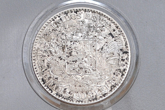 1903 Rare Silver Venezuela 5 Bolivares Coin - Choice AU Grade / Condition - Philadelphia Mint -