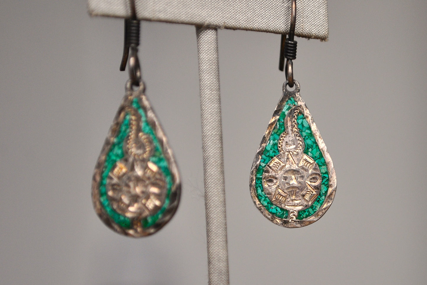 Antique Mexican Sterling Silver Malachite Mosaic Mayan Calendar Dangle Teardrop Earrings - Mayan Calendar Earrings - Sundial Earrings