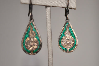 Antique Mexican Sterling Silver Malachite Mosaic Mayan Calendar Dangle Teardrop Earrings - Mayan Calendar Earrings - Sundial Earrings