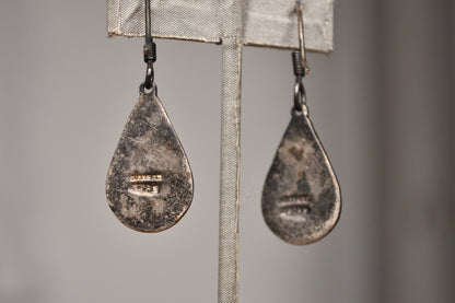 Antique Mexican Sterling Silver Malachite Mosaic Mayan Calendar Dangle Teardrop Earrings - Mayan Calendar Earrings - Sundial Earrings