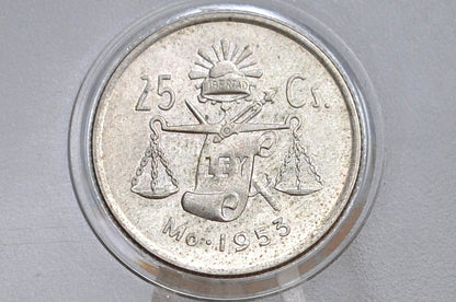 1953 Silver Mexican 25 Centavos - Great Condition - Mexico City Mint - Mexican Republic Coins -