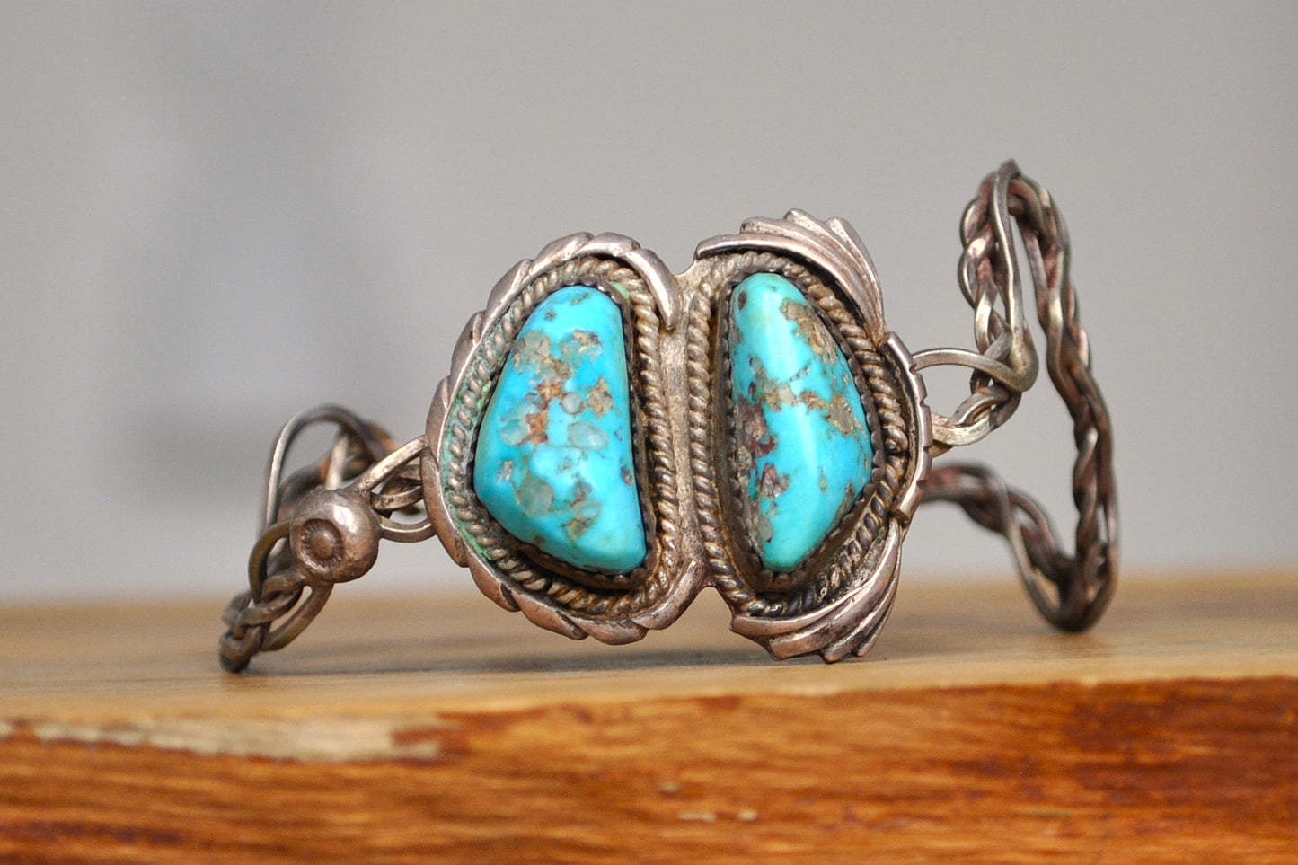Homemade Edged Dome Coiled Wire Turquoise Bracelet - Double Turquoise Stone Bracelet - Dual Turquoise Stone Jagged Dome Bracelet