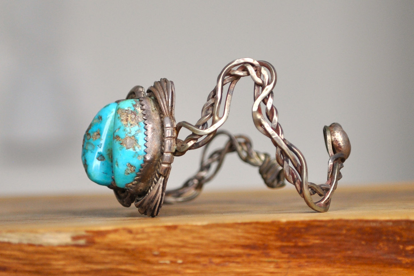Homemade Edged Dome Coiled Wire Turquoise Bracelet - Double Turquoise Stone Bracelet - Dual Turquoise Stone Jagged Dome Bracelet