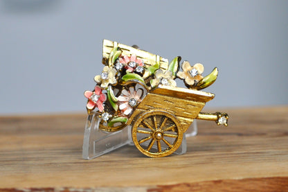 Vintage BSK My Fair Lady Gold Tone Crystal Rhinestone Cart Brooch - Enamel Gold Tone Flower Cart - BSK Flower Cart Brooch