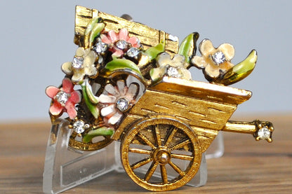 Vintage BSK My Fair Lady Gold Tone Crystal Rhinestone Cart Brooch - Enamel Gold Tone Flower Cart - BSK Flower Cart Brooch