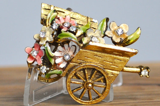 Vintage BSK My Fair Lady Gold Tone Crystal Rhinestone Cart Brooch - Enamel Gold Tone Flower Cart - BSK Flower Cart Brooch