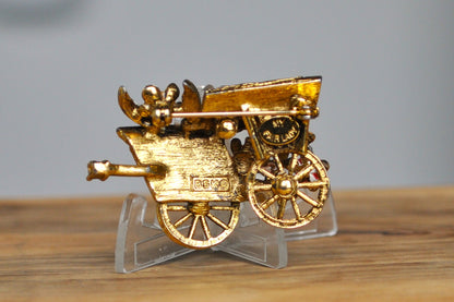 Vintage BSK My Fair Lady Gold Tone Crystal Rhinestone Cart Brooch - Enamel Gold Tone Flower Cart - BSK Flower Cart Brooch