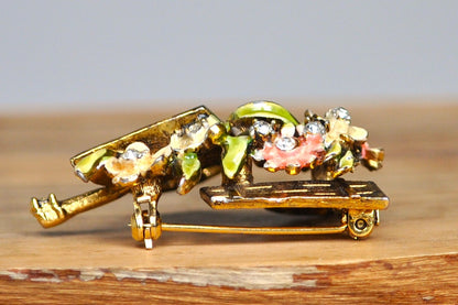 Vintage BSK My Fair Lady Gold Tone Crystal Rhinestone Cart Brooch - Enamel Gold Tone Flower Cart - BSK Flower Cart Brooch