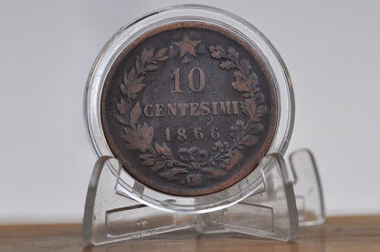 1866 Italian 10 Centesimi - Great Condition - 1866 10 Cent Coin Italy - Vittorio Emanuele II - Copper