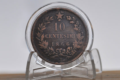1866 Italian 10 Centesimi - Great Condition - 1866 10 Cent Coin Italy - Vittorio Emanuele II - Copper