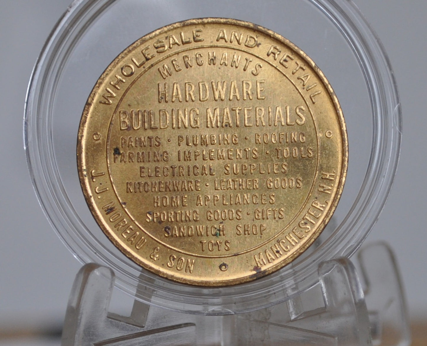 50th Anniversary Joseph J Moreau Merchants Hardware Store Good luck Piece Manchester NH - Manchester New Hampshire Hardware Building Materials Store J.J. Moreau & Sons