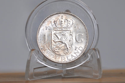 1954 Silver Netherlands 1 Gulden Coin - Uncirculated Grade / Condition - Queen Juliana - Better Mint Date -