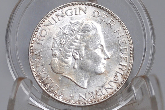 1954 Silver Netherlands 1 Gulden Coin - Uncirculated Grade / Condition - Queen Juliana - Better Mint Date -