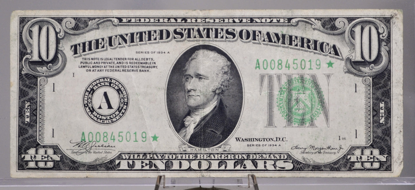 1934-A Federal Reserve 10 Dollar STAR Note - Choice Very Fine (VF+) - Boston (A) Issue - 1934A Green Seal Ten Dollar Star Note - Fr#2006-A*
