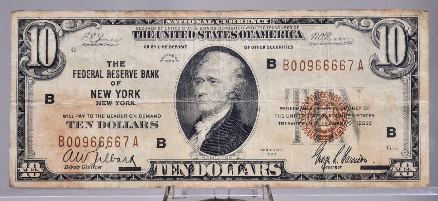 1929 10 Dollar Federal Reserve Bank Note - Fancy Low Serial Number - New York Issue - 1929 Brown Seal Ten Dollar National Note - Fr.1860-B