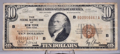 1929 10 Dollar Federal Reserve Bank Note - Fancy Low Serial Number - New York Issue - 1929 Brown Seal Ten Dollar National Note - Fr.1860-B