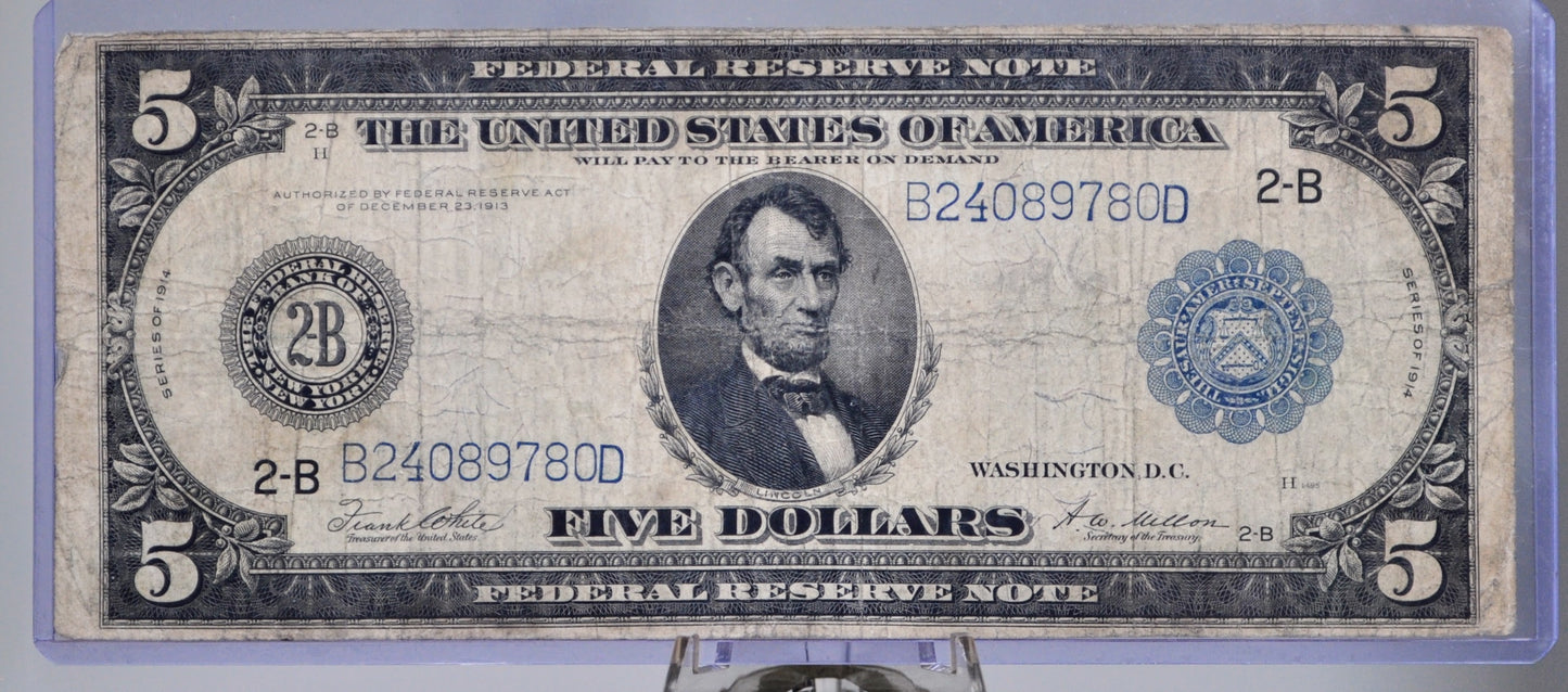 1914 5 Dollar Federal Reserve Large Note - F (Fine) - New York (2-B) Issue - Type A - 1914 Five Dollar Blue Seal Banknote - Fr#851A