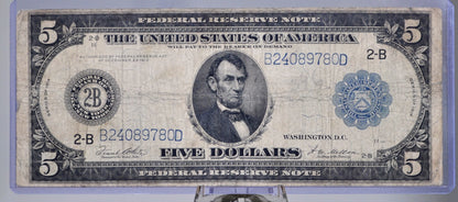 1914 5 Dollar Federal Reserve Large Note - F (Fine) - New York (2-B) Issue - Type A - 1914 Five Dollar Blue Seal Banknote - Fr#851A