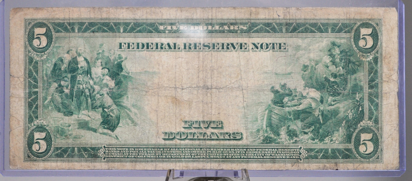 1914 5 Dollar Federal Reserve Large Note - F (Fine) - New York (2-B) Issue - Type A - 1914 Five Dollar Blue Seal Banknote - Fr#851A