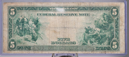 1914 5 Dollar Federal Reserve Large Note - F (Fine) - New York (2-B) Issue - Type A - 1914 Five Dollar Blue Seal Banknote - Fr#851A