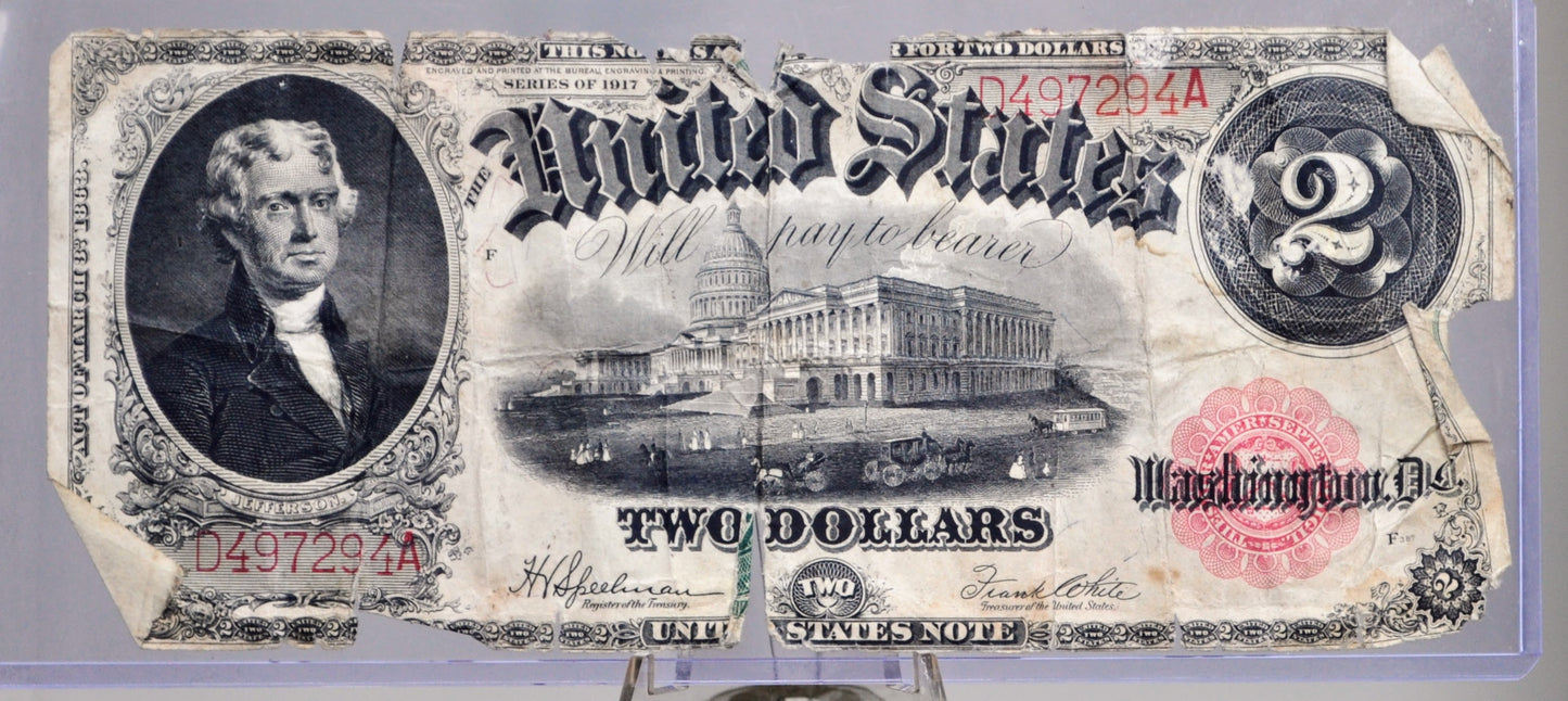 1917 2 Dollar Legal Tender Note - VG (Very Good) - Speelman/White - Bracelet Reverse - 1917 Horse Blanket Two Dollar Banknote - Fr.60