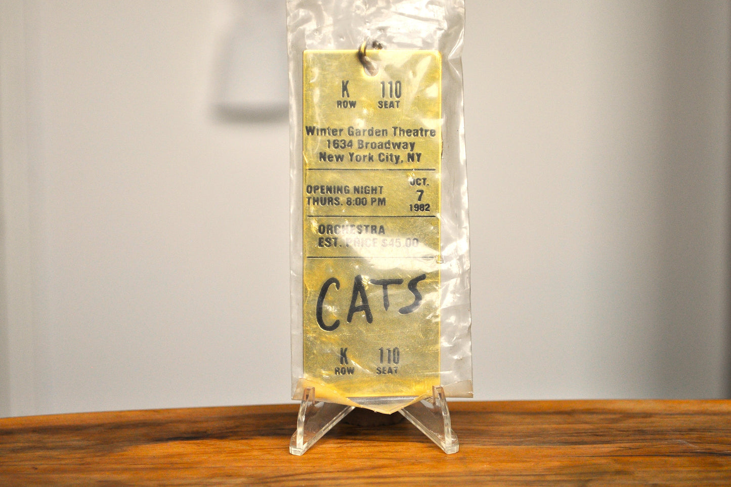 Vintage 1982 Brass "CATS" Gold Tone Keychain - Winter Garden Theatre Broadway Memorabilia - "CATS" Opening Night Brass Ticket Memorabilia - Unopened Brass Ticket Memorabilia