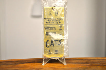 Vintage 1982 Brass "CATS" Gold Tone Keychain - Winter Garden Theatre Broadway Memorabilia - "CATS" Opening Night Brass Ticket Memorabilia - Unopened Brass Ticket Memorabilia
