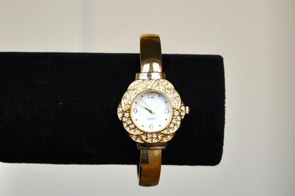 Gleaming Geneva Floral Gold Tone Cuff Watch - Adjustable Cuff Watch - Working!