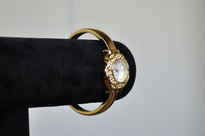 Gleaming Geneva Floral Gold Tone Cuff Watch - Adjustable Cuff Watch - Working!
