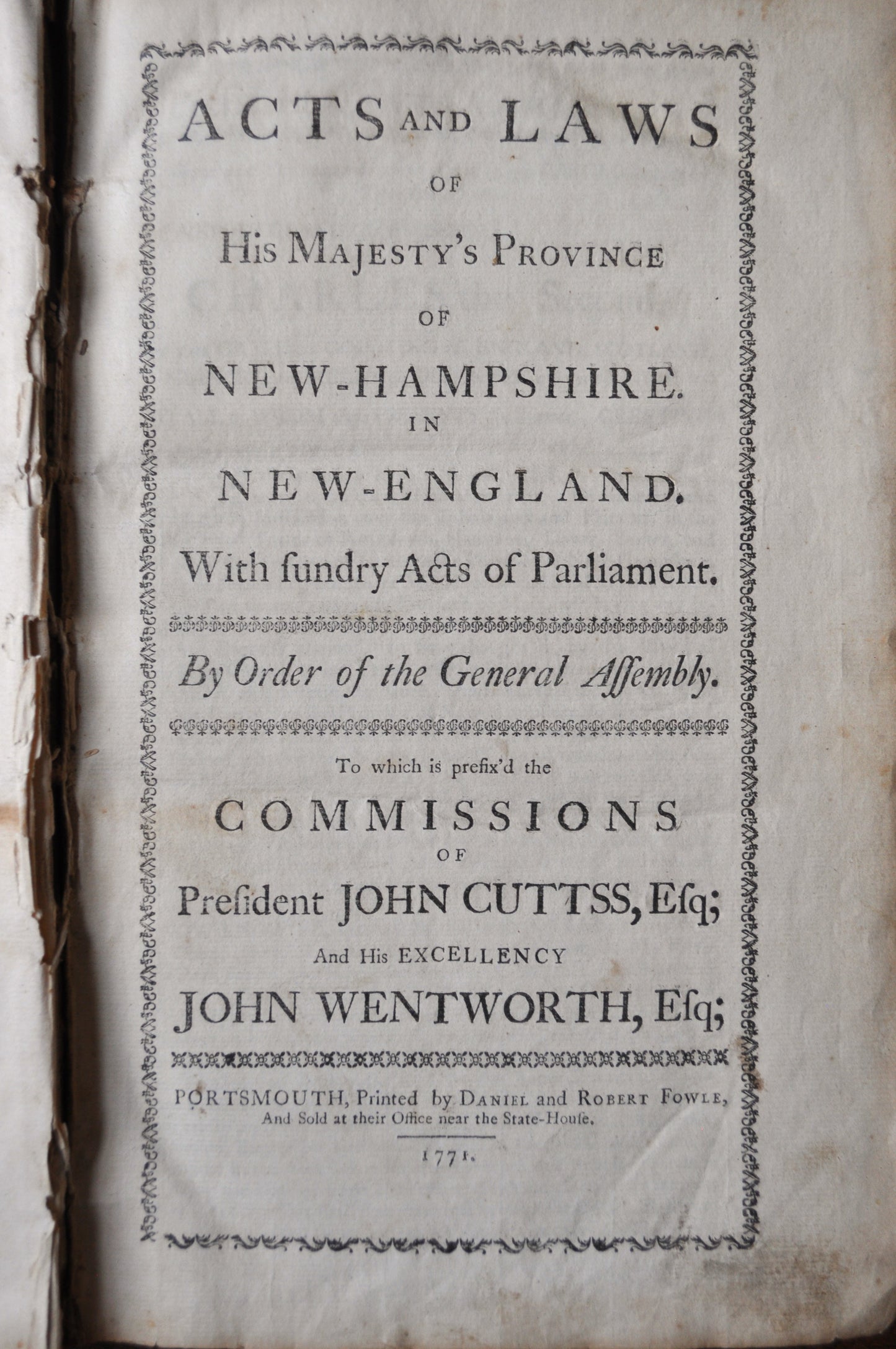 Acts and Laws of his Majesty's Province of New Hampshire by Cutts and Wentworth 1771,- Colonial American Acts and Laws - 1771 Cutts & Wentworth, Acts and Laws