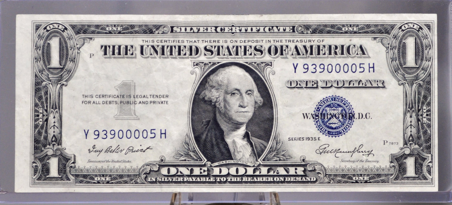 1935 E Silver Certificate 1 Dollar Note - Fancy Repeating Serial Number - 93900005 - 1935E One Dollar Blue Seal Cool Banknote - Fr#1614